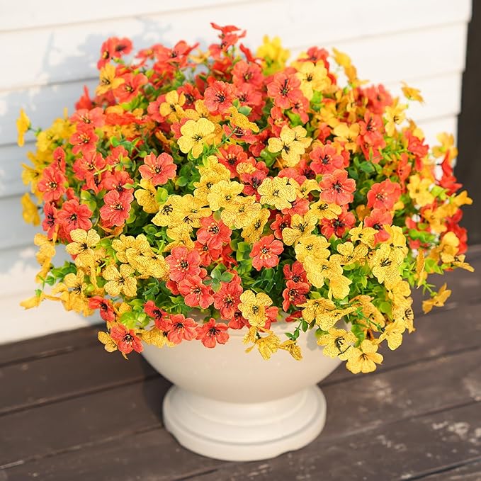 16 Bundles Artificial Fall Flowers for Outdoor Realistic Faux Flower Garden Home Decoration, Hanging Autumn Fall Decor Daisy with Eucalyptus Leaves Fake Plants Greenery Porch Patio Front Door Decors