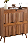 BERRYMERRY 31.5” Fluted Shoe Storage Cabinet with 2 Flip Drawers,Narrow Shoe Storage Organizer Rack with Wave Door for Entryway,Hallway,Living Room