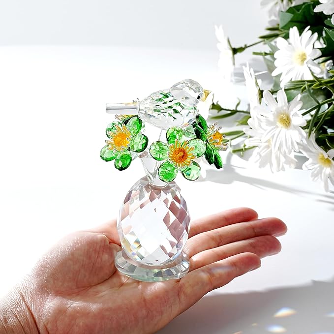 Crystal Bird & Forget-Me-Not Flower Figurine,3x4 inch Glass Flower Collectible Ornaments for Home Decor Table Centerpiece Glass Bouquet Flowers Keepsake Gifts for Women （Green）