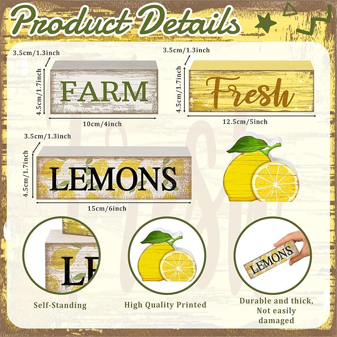 Moucuny 4 Pcs Summer Lemon Decor Summer Table Decorations Farm Fresh Lemons Wooden Stacked Block Decor Rustic Summertime Tiered Tray Decoration Fruits Centerpiece for Home Kitchen Dining Room Mantel