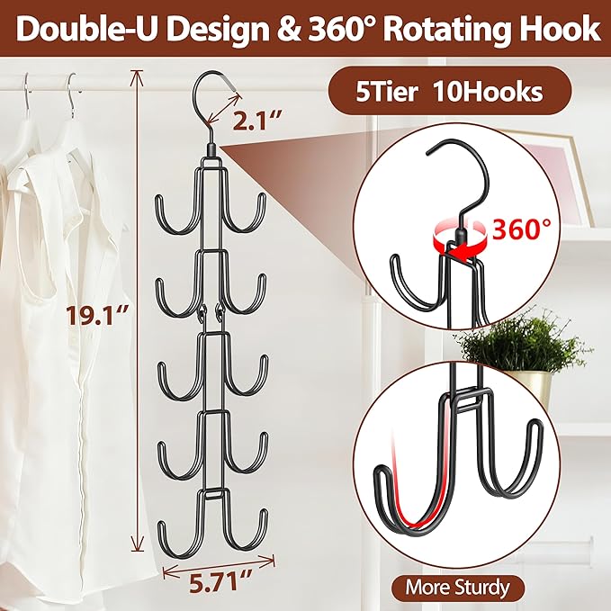 Hat Hangers for Closet, Hanging Hat Organizer with 10-Hook, Stainless Steel Hat Rack, Space Saving Cap Holder, Collapsible Hat Storage for Baseball Caps