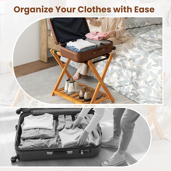 Goplus Luggage Rack for Guest Room Set of 4, Folding Suitcase Stand with Storage Shelf, Acacia Wood Frame & 5 Nylon Straps, Fully Assembled 27" Luggage Stand for Bedroom, Hotel, Holds up to 200 LBS