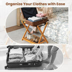 Goplus Luggage Rack for Guest Room Set of 4, Folding Suitcase Stand with Storage Shelf, Acacia Wood Frame & 5 Nylon Straps, Fully Assembled 27" Luggage Stand for Bedroom, Hotel, Holds up to 200 LBS