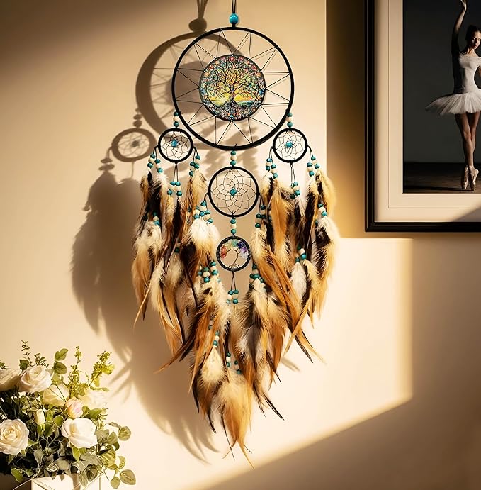 Large Dream Catchers for Bedroom Adult Brown Boho Dream Catcher Wall Decor Tree of Life Suncatcher Hanging for Boys Teen Room Decor Dorm Living Room Hanging Decoration Festival Gifts