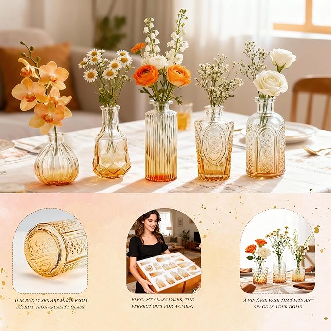 Der Rose Glass Bud Vases Set of 32 Small Amber Flower Vases for Rustic Wedding Centerpieces Table Decorations and Home Office Decor(Amber)
