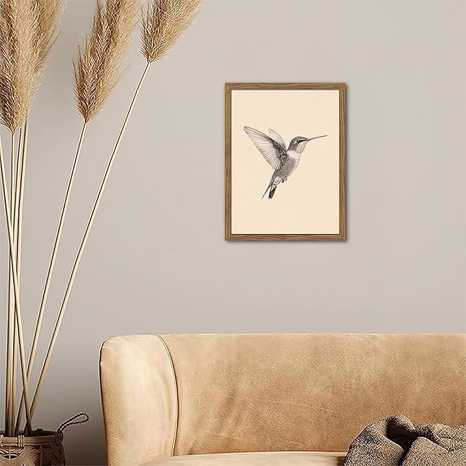 Vintage Framed Wall Art, Birds Canvas Prints, Hummingbird Sketch Painting Picture, Neutral Farmhouse Artwork Wall Decor for Living Room Bedroom – Dark Wooden Frame 8x10in