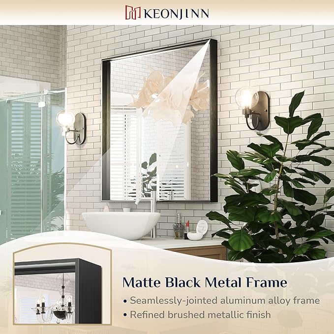 Keonjinn 30 x 30 Inch Black Bathroom Mirror for Over Sink Square Wall Mirror Matte Black Metal Framed Mirrors, Modern Farmhouse Rectangle Mirrors with Aluminum Alloy Frame(Horizontal/Vertical)