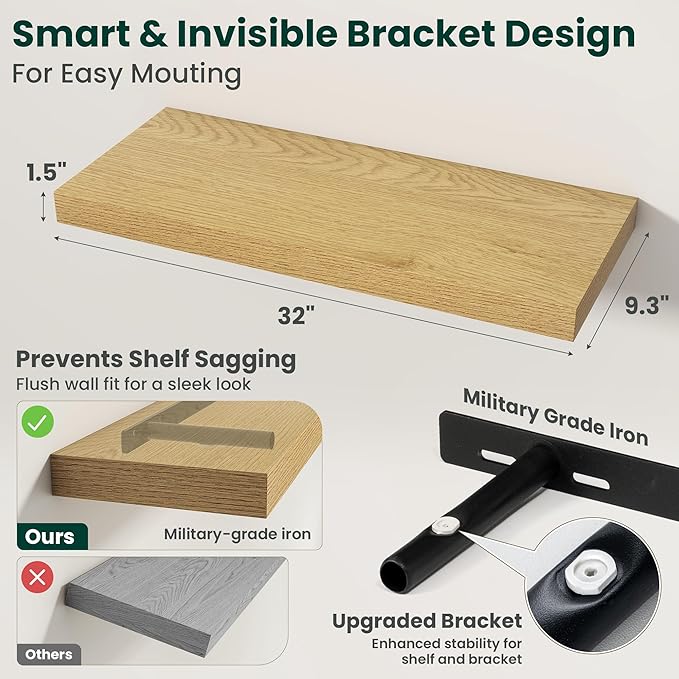 Floating Shelves for Wall 32 in x 9.3 in Deep, Wall Mounted Rustic Wood Shelf with Invisible Brackets for Storage & Display, Living Room Bedroom Bathroom, Oak, 2 Pack