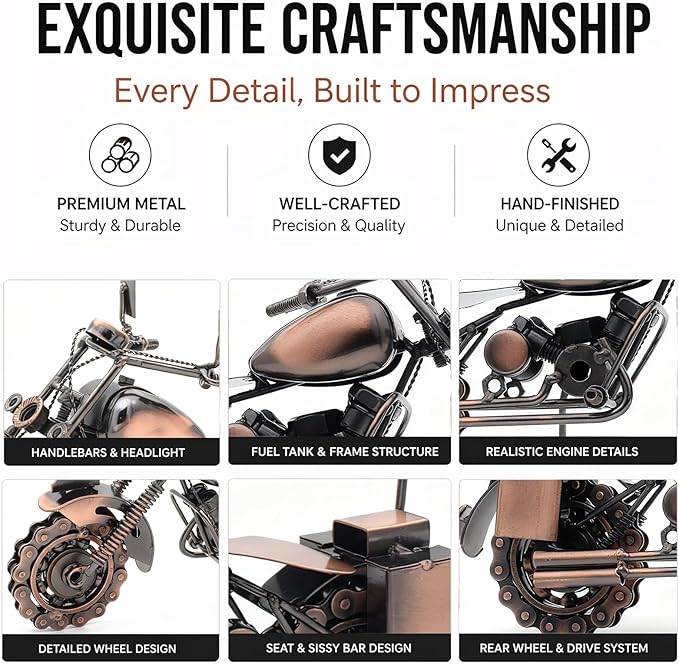 Motorcycle Gifts for Men & Women Riders, 11.8" Handmade Metal Motorcycle Model, Vintage Figurine & Desk Decor for Man Cave, Garage, Office & Home