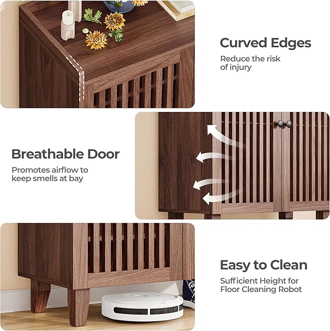 IRONCK Shoe Cabinet with Slatted Doors, 6-Tier Shoe Storage Cabinet with Adjustable Shelves, Wooden Shoe Rack Organizer for Entryway, Hallway, Closet, Living Room, Walnut