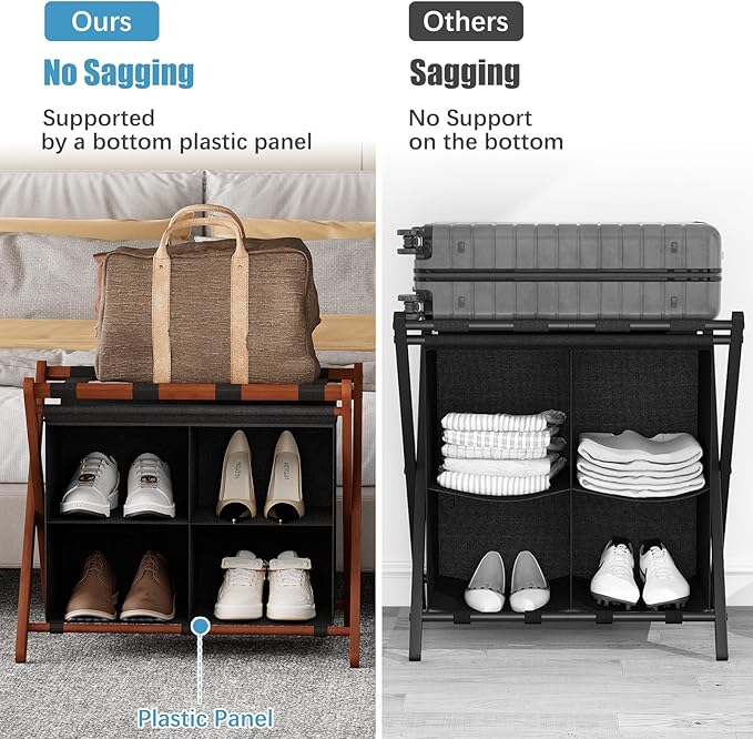 Luggage Rack for Guest Room, Folding Suitcase Stand with Fabric Storage Shelf, Upgraded Bamboo Luggage Holder, Steel Foldable Luggage Stand for Guest Room, Bedroom, Hotel, Walnut