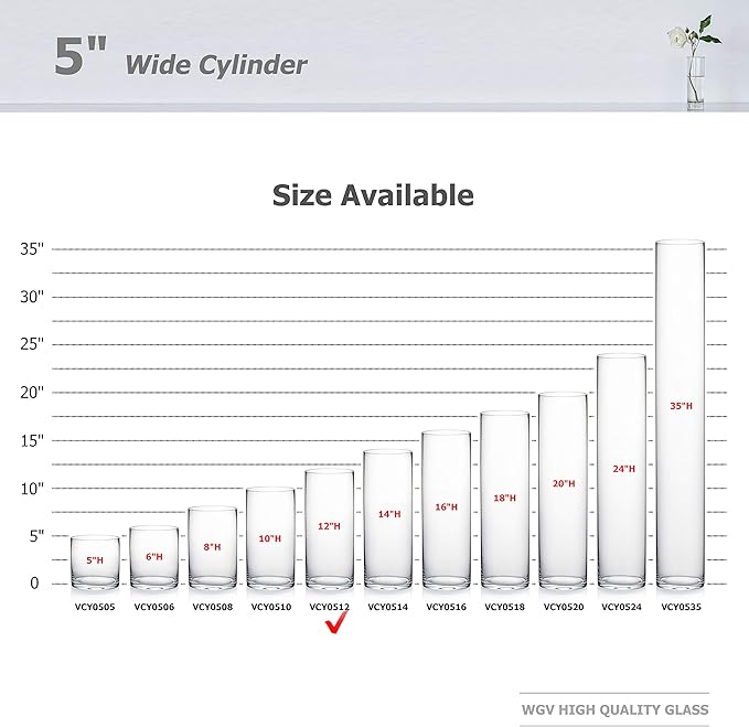 WGV Cylinder Vase Bulk, Diameter 5", Height 12", Clear Glass Floral Planter Container, Tall Centerpiece Arrangement for Wedding Party Event Home Office Decor, 12 Pieces