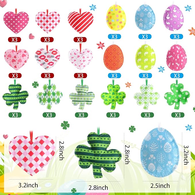 Jutom 54 Pcs Felt Valentine's Day Heart Hanging Ornaments St. Patrick's Day Shamrock Easter Egg Ornaments Heart Shaped Clover Baubles Shamrock Egg Felt Decoration for Holiday Favor (Cute)