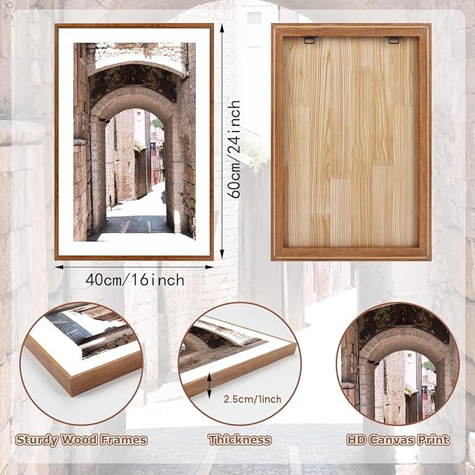 KAlRNE Vintage Cityscape Framed Canvas Painting Set of 3(16”X24”),European Street Scenery Wall Decor,Framed Rustic Mediterranean Wall art,Texture Alleyway Beige Art Prints For Living Room Bedroom