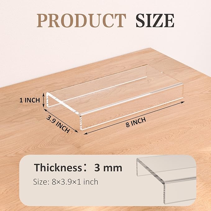 Sezanrpt Acrylic Shelf Riser 8x3.9x1 pack of 2, Countertop Acrylic Display Storage Organizer for Figure, Cosmetics, Bags, Shoes, Toys, Collectibles, 8x3.9x1 Inch