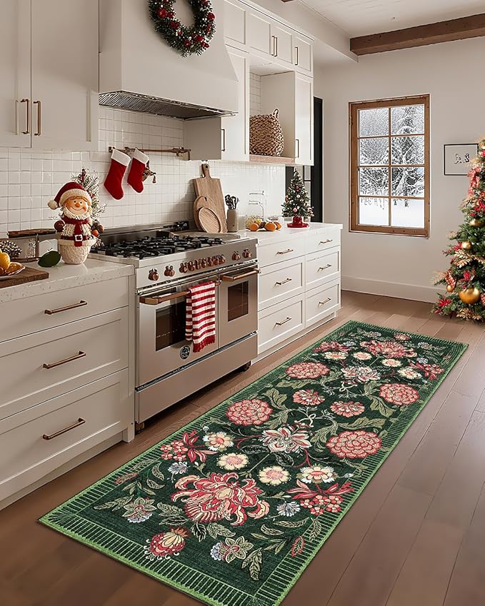 GarveeHome Forest Green Floral Botanical 2x6 Washable Kitchen Runner Rugs Non Slip Vintage Boho Cottage Long Rug for Hallways Bedroom Entryway Bathroom Mat with Rubber Back