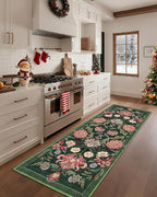 GarveeHome Forest Green Floral Botanical 2x6 Washable Kitchen Runner Rugs Non Slip Vintage Boho Cottage Long Rug for Hallways Bedroom Entryway Bathroom Mat with Rubber Back