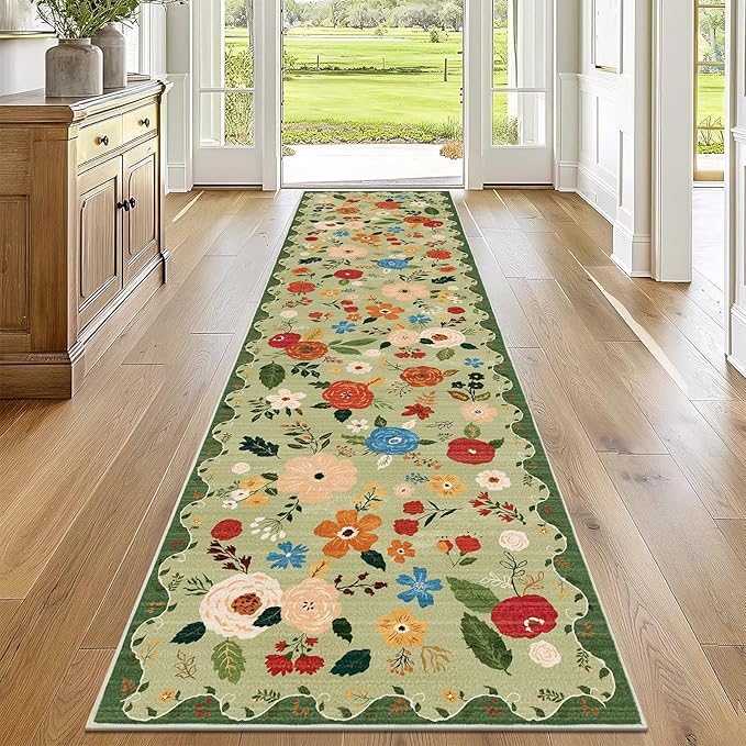 U'Artlines 2'6" x 10' Boho Runner Rug for Hallways Kitchen Colorful Floral Soft Non Slip Washable Floor Carpet Runners for Entryway Laundry Room Bathroom Green