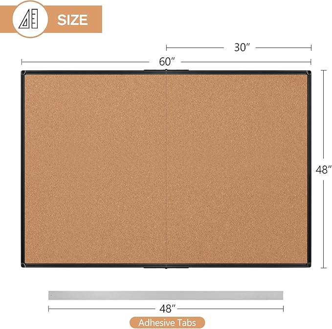 Extra Large Cork Bulletin Board 60" X 48", Foldable Notice Pin Board for Wall, Black Aluminum Framed 5'x4' Corkboard, Wall Mounted Noticeboard with 36 Push Pins for School, Home & Office
