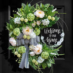 Spring Summer Wreaths for Front Door, Half Circle Summer Wreath with Hydrangea & Peony, Striped Bow & Welcome Sign – 24 Inch Indoor/Outdoor Seasonal, Housewarming & Festive Spring Door Wreath Decor