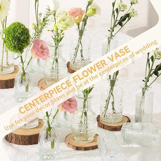 Mini Bud Vases Centerpieces for Tables,Clear Bud Vases for Flowers,Small Flower Vases Suitable for Birthday Party,Anniversary,Wedding Reception,Baby Shower (Clear, 12PCS)