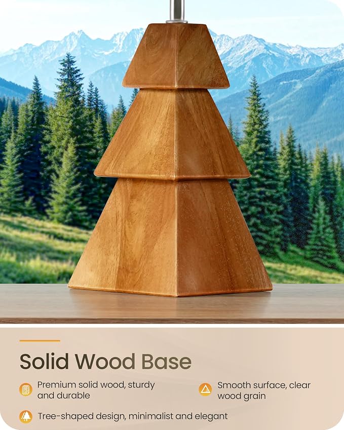 Wood Table Lamp, Wood Bedside Lamp with Tree-Shaped Base & Linen Lampshade, Modern Cute Desk Lamp for Living Room, Bedroom, E26 Base, Bulb Not Included, Beige and Dark Natural LE08TL05