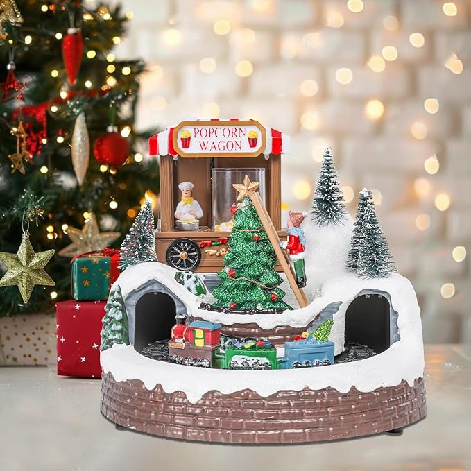 WONDER GARDEN Christmas Village Houses-Christmas Houses Village - Lighted Colorful Musical Popcorn Wagon Collectible Buildings with Moving Train for Home Indoor Decor or Gift