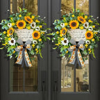 Spring Wreaths for Front Door 24 Inch Handmade Spring Summer Wreath with Artificial Sunflowers,Welcome Message Sign & Elegant Bow and White Yellow Daisy Wildflowers for Home,Porch&Gift Giving