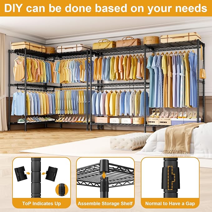E15 Pro Garment Rack L Shaped Clothes Rack for Corner，Freestanding Clothing Racks for Hanging Clothes，Heavy Duty Closet System with 4 Hanging Rods & 8 S Hooks，48.8"W x 15.8"D x 78.4"H，Black