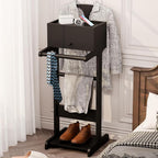 Mens Valet Stand with Drawer, Tray, Shoe Shelf and Suit Rack, Wooden Clothing Rack for Men Women, Clothes Valet Stand for Bedroom Entryway
