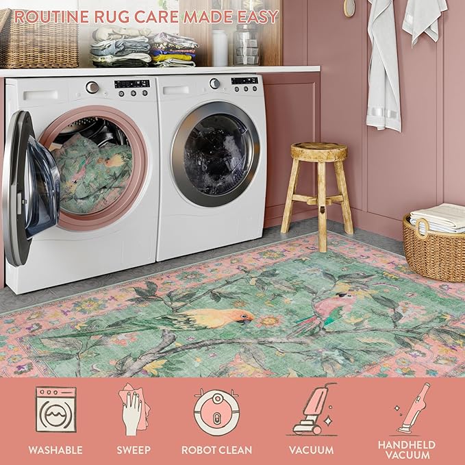 Lahome Botanical Birds Washable 3x5 Pink Living Room Bathroom Rugs for Entryway, Vintage Soft Non Slip Indoor Throw Carpet for Nursery Bedroom Classroom