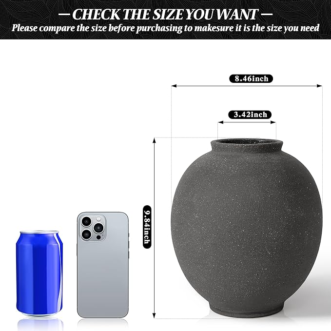 Black Ceramic Large Vase - 9.84 Inch Round Modern Ceramic Vases,Tall Vase for Decor Living Room Table Decor and Festive Home Interiors