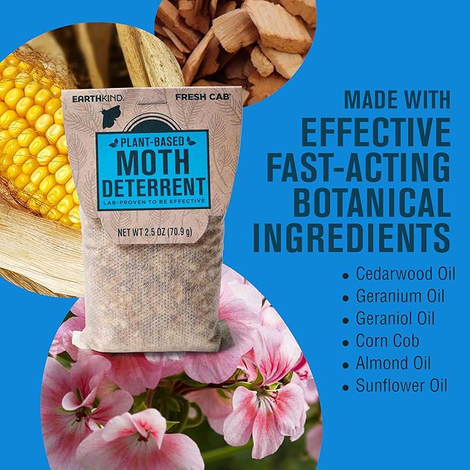 EarthKind Fresh Cab Moth Deterrent - Moth Deterrent for Closet, Pantry & More - DIY Pest Control Pouches for Moths - Cedarwood Oil & Geranium Oil - New Packaging - 4-Pack