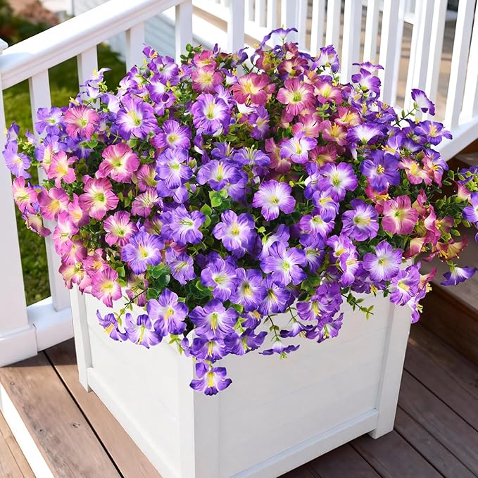 INQCMY Artificial Fake Flowers for Outdoor Spring Decoration,12 Bundles Faux Silk Colorful Morning Glory with Eucalyptus UV Resistant Realistic Fake Plants for Outside Planter Porch Patio Yard Garden