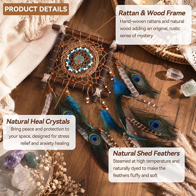 Rattan Dream Catchers with Peacock Feather, Boho Wall Decor Rustic Wooden Native American Wall Art for Bedroom Living Room (Blue Peacock)