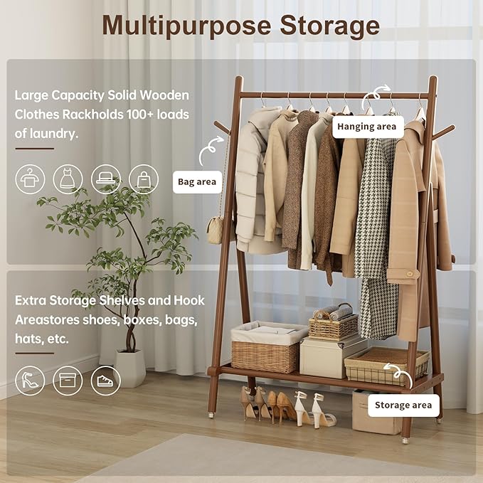 Solid Wood Clothing Rack, Rolling Clothes Rack for Hanging Clothes, Garment Rack with Shelves Load 350 Lbs, Portable Closet Organizer on Wheels for Hanging Clothes (Walnut)