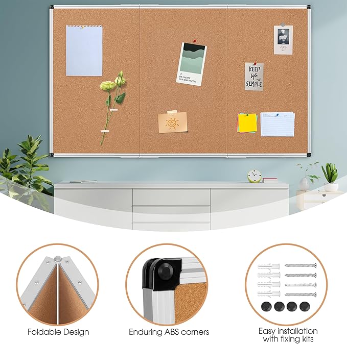 Extra Large Cork Bulletin Board 96" X 48", Foldable Notice Pin Board for Wall, Silver Aluminum Framed 8'x4' Corkboard, Wall Mounted Noticeboard with 36 Push Pins for School, Home & Office