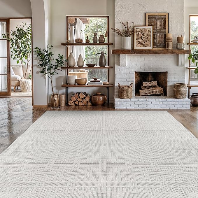 Micro Loop Indoor Rug White 10x14 Boho Geometric Neutral Area Rugs for Living Room Soft Luxury Modern Low and High Pile Durable Stain Resistant Non-Shedding Indoor Area Carpet 10 x 14