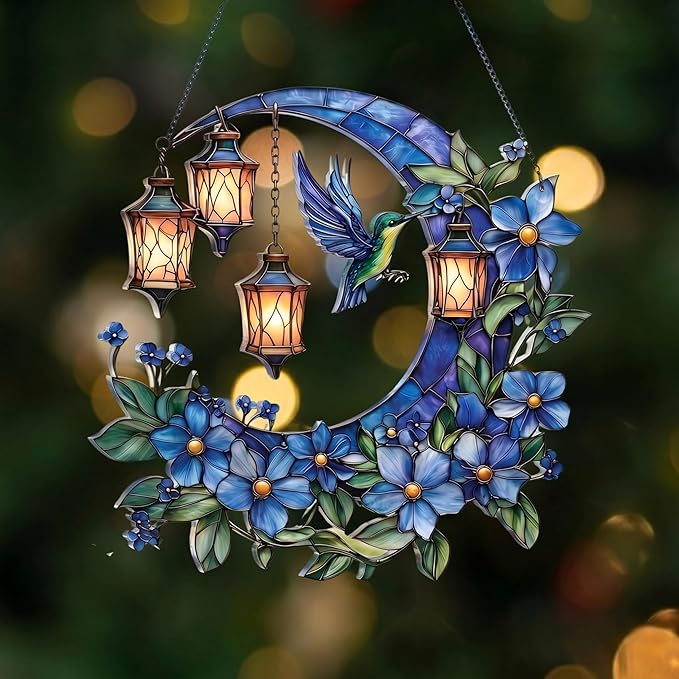 Hummingbird Moon Ornament Acrylic Suncatcher, Stained Glass Style Window Hanging with Lantern and Blue Flowers, 4.5 Inch Decorative Home Decor, Gift for Women, Christmas Ornament(Sun-37)