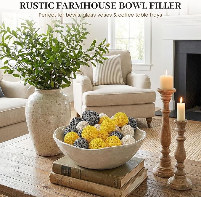 DomeStar 24PCS Yellow Decorative Balls for Bowl Centerpiece, 2 Inch Rattan Bowl Fillers - Wicker Twig Orbs Spheres for Yellow Kitchen Home Decor Vase Table Scatters