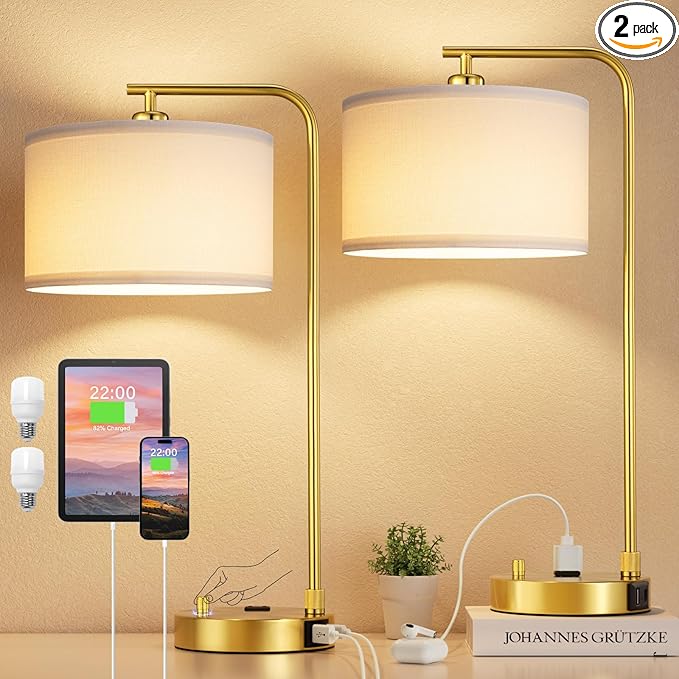 Innqoo Bedside Table Lamps for Bedroom Set of 2-Dimmable Nightstand Lamps with USB Port and Outlet,Modern Gold Lamps with Linen Shade,Tall Desk Lamps for Home Office Bedroom Living Room End Table