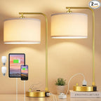 Innqoo Bedside Table Lamps for Bedroom Set of 2-Dimmable Nightstand Lamps with USB Port and Outlet,Modern Gold Lamps with Linen Shade,Tall Desk Lamps for Home Office Bedroom Living Room End Table