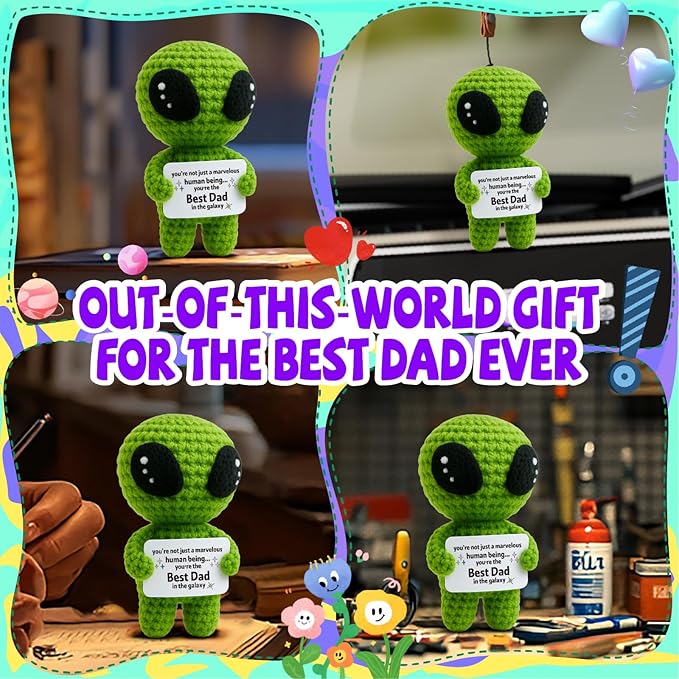 MAMAGIFTREE Fathers Day Funny Gift for Dad from Daughter Son with Message Card - Unique Dads Birthday Gifts for Husband from Wife Kids - Father’s Day Crochet Alien Handmade Decoration