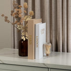 Decorative Books with Storage (Caramel/Beige) – Set of 2 Faux Linen Book Boxes with Gold Stamped Covers – Enhance Your Coffee Table, Bookshelf Decor – Hidden Storage for Photos, Keepsakes, and Jewelry