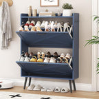 Shoe Cabinet with 2 Flip Drawers, Farmhouse Hidden Shoe Storage Cabinets, Narrow Wooden Shoes Organizer for Entryway, Slim Freestanding Shoe Rack Cabinet for Front Door Entrance, Blue