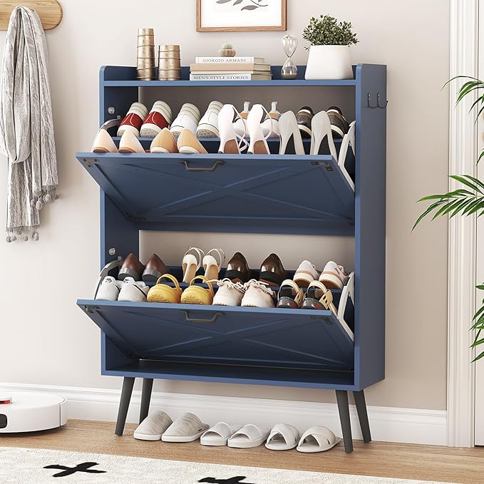 Shoe Cabinet with 2 Flip Drawers, Farmhouse Hidden Shoe Storage Cabinets, Narrow Wooden Shoes Organizer for Entryway, Slim Freestanding Shoe Rack Cabinet for Front Door Entrance, Blue