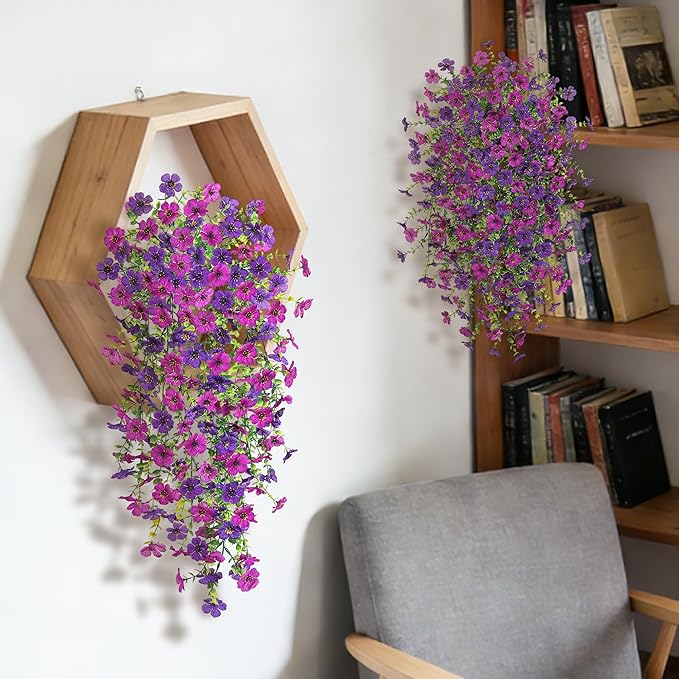 2Pcs Fake Hanging Flowers for Outdoor Decoration Artificial Hanging Flowers Realistic Daisy Plants UV Resistant, Faux Silk Flower for Porch Patio Window Sill Outside Decor(Purple Deep Purple)