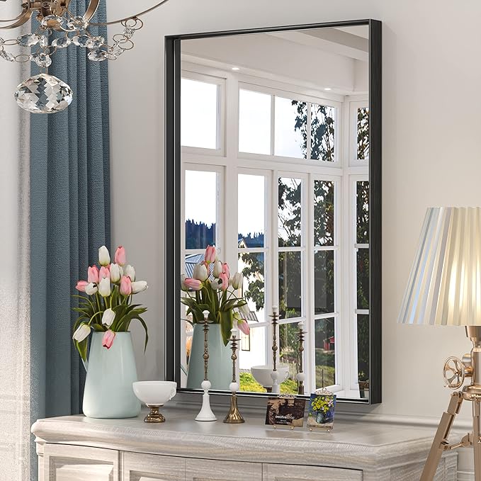 Keonjinn Black Bathroom Mirror 24 x 36 Inch, Rectangular Wall Mirror Brushed Metal Frame, Black Modern Farmhouse Mirrors, Framed Rectangle Bathroom Mirrors for Over Sink(Horizontal/Vertical)