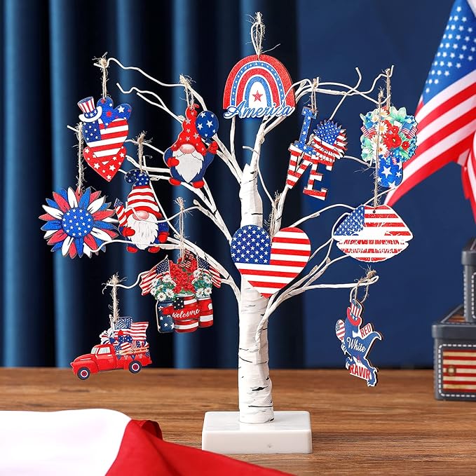 Sintuff 36 Pcs 4th of July Tree Decorations Patriotic Ornaments for Tree Independence Day Hanging Ornament Summer Red White Blue Wooden Decor for 250th Anniversary Memorial Day Party Supplies Crafts