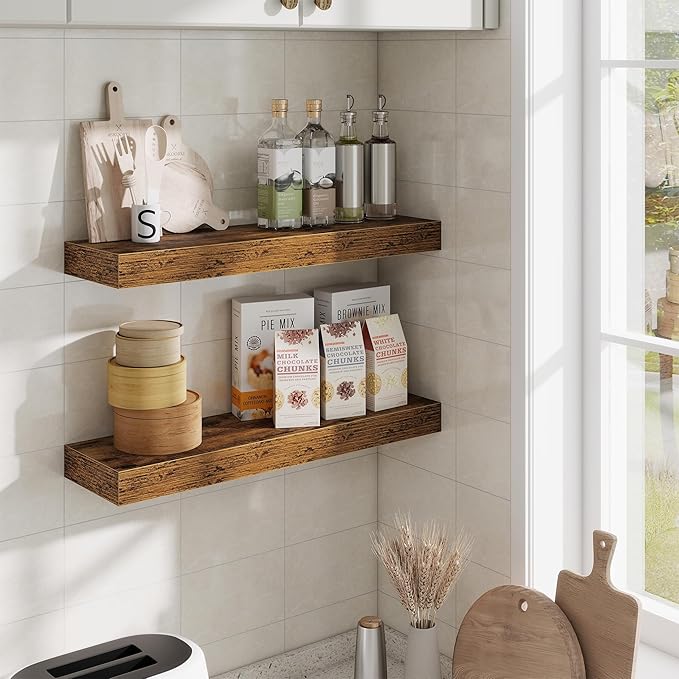 Fun Memories Floating Shelves Set of 2, 24 Inch Floating Shelves for Wall, Wood Wall Shelves with Invisible Brackets, for Bathroom, Bedroom, Living Room, Kitchen, Rustic Brown